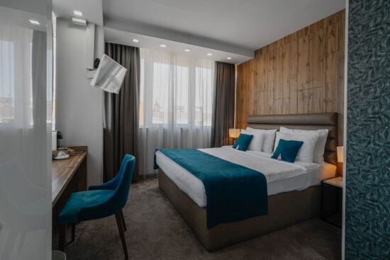 a beautifully lit hotel room in belgrade